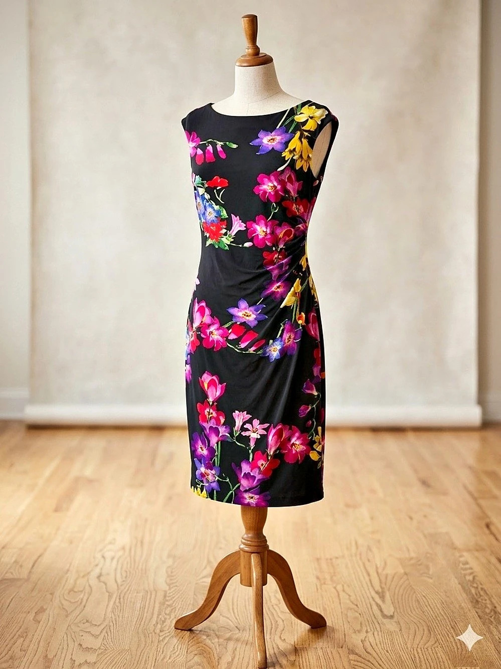Lauren Ralph Lauren Floral Jersey Ruched Sheath Dress Black & Pink Size 8 Like N